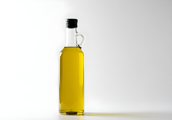 A sleek glass bottle filled with high-quality olive oil on a clean background., on a white background.
