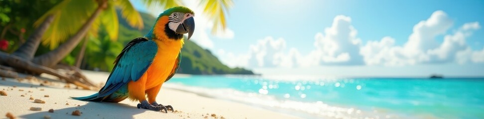 Fototapeta premium Colorful parrot on tropical beach, sun shining, parrot, sky