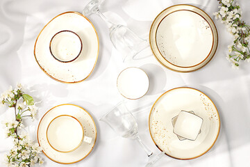 Elegant festive table setting, menu design in a cafe or restaurant for congratulations, festive composition with a bouquet of cherry blossoms, cutlery with flowers on a plate