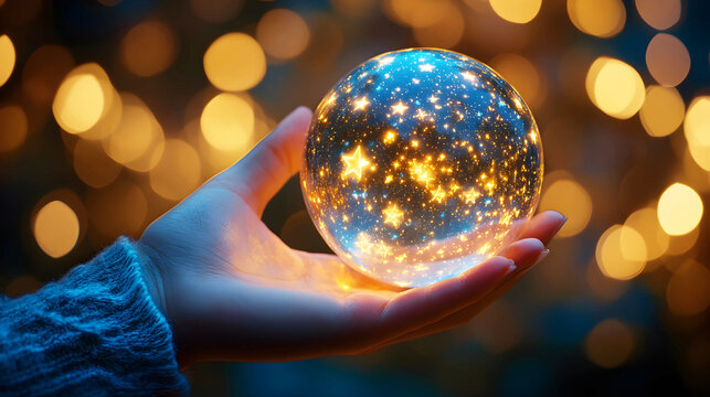 Magical Hand-Held Starry Light Globe with Warm Bokeh Glow, Stars are used as a visual representation of users' opinions and experiences in digital era of reviews and ratings