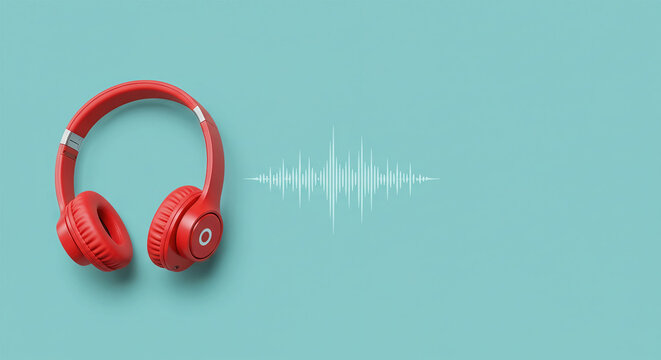Horizontal banner with Fuschia color Podcast headphones and waveform İndigo color background, copy space.