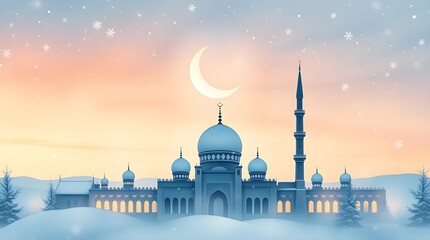 Fototapeta premium Winter Ramadan: Mosque Silhouette, Crescent Moon, and Snowflakes