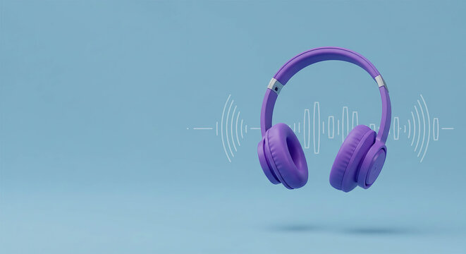 Horizontal banner with Purple color Podcast headphones and waveform Periwinkle color background, copy space.