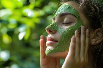 Woman applying a green facial mask outdoors, enjoying nature's serenity and skincare.