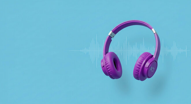 Horizontal banner with Purple color Podcast headphones and waveform Periwinkle color background, copy space.