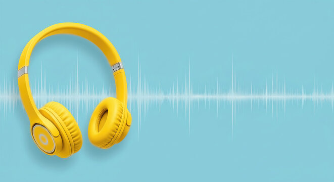 Horizontal banner with Lemonade color Podcast headphones and waveform periwinkle color background, copy space.