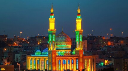 Obraz premium Illuminated Mosque at Night in Saudi Arabia Cityscape View