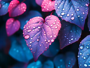 Dew-covered leaves in vibrant purple, pink, and blue hues.
