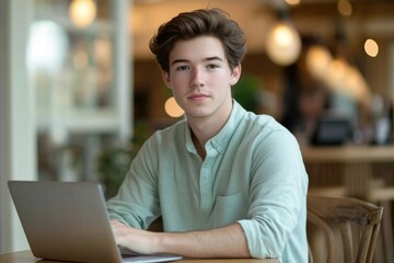 Fototapeta premium Young man with light green shirt using laptop in a cafe, serious expression.