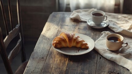 Freshly baked croissant with coffee cup on rustic wooden table