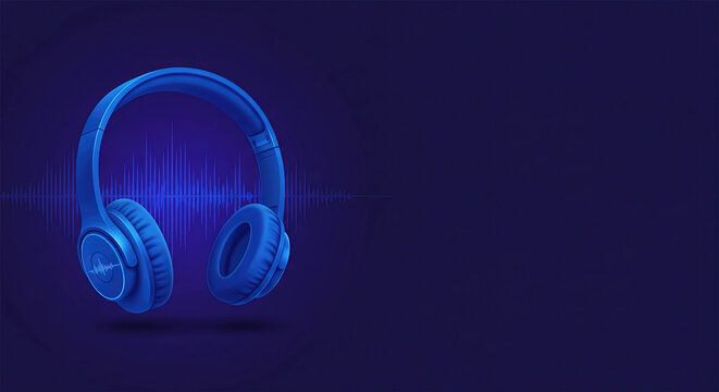 Horizontal banner with royal blue color Podcast headphones and waveform periwinkle color background, copy space.