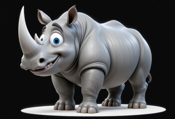 Fototapeta premium Cartoon Rhinoceros Character Smiling with Big Blue Eyes and White Horn