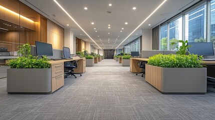 Modern Office Interior with Greenery and Natural Light Design