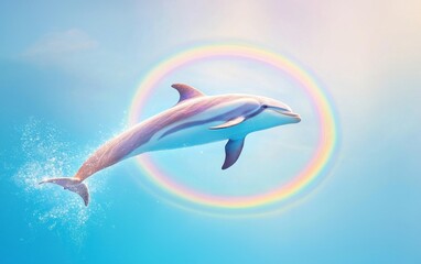 Grinning dolphin jumping through a rainbow ring on a pastel blue background Saint Patrick Day