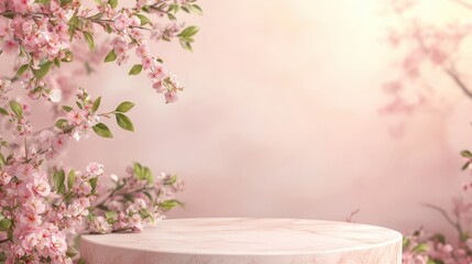 Pink Blossoms and Round Marble Pedestal with Soft Light