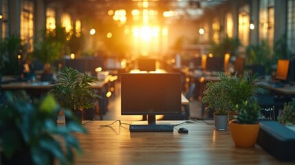 Morning Sunlight Illuminates Empty Office Space with Green Plants