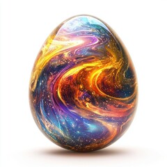 Happy Easter cosmic energy egg with swirling liquid nebula-like paint bursts isolated on white background