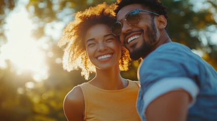 Fototapeta premium A Happy Couple Jogging in a Scenic Park, Focusing on Their Synchronized Steps and Expressions of Joy in the Vibrant Summer Light