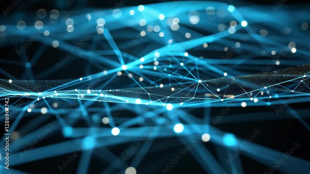 Poster an abstract representation of a glowing blue data system showcasing interconnected lines and points 