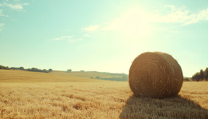 Pile of hay on field on sunny day. Space for text