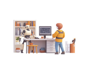 Fototapeta premium A robot and a human working together at a modern desk, surrounded by office tools PNG transparent.