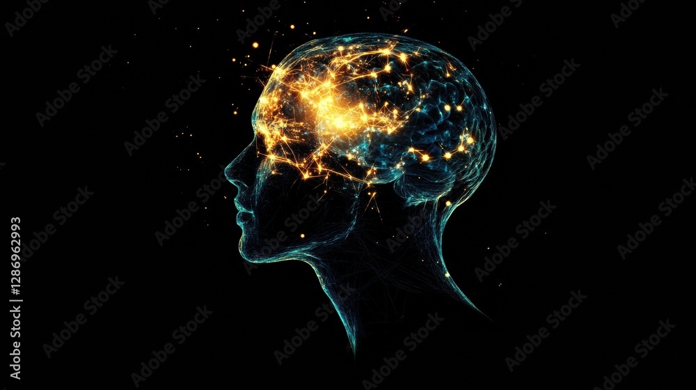 Poster Delicate interplay of neural connections and glowing synapses in a human profile symbolizing artificial intelligence. Generative AI