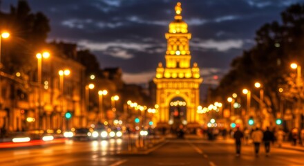 Naklejka premium Illuminated historical monument amidst bustling city nightlife ambiance