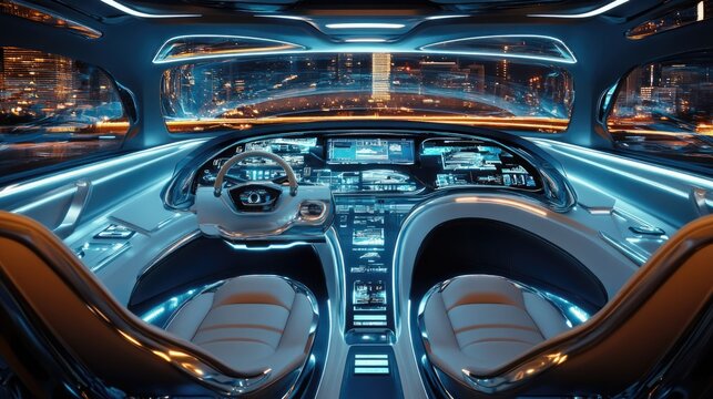 Futuristic Car Interior: Night City Drive, Illuminated Cockpit, Advanced Dashboard, Sleek Design