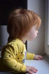 Fototapeta premium Red messy hair toddler girl curiously looking through the window. Daughter impatiently waiting parents.