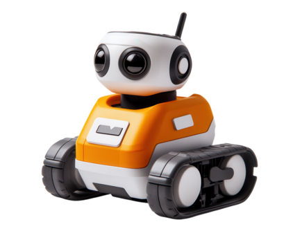 A small educational robot teaching kids coding, pure flat white background. PNG transparent.