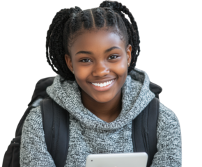 A student using a hybrid learning setup with digital and physical tools, pure flat white background. PNG transparent.