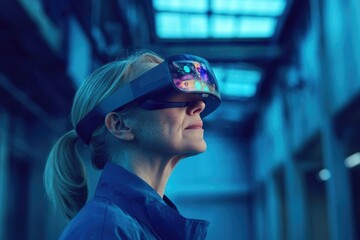 A woman wearing a VR headset experiences immersive technology in a futuristic industrial setting.