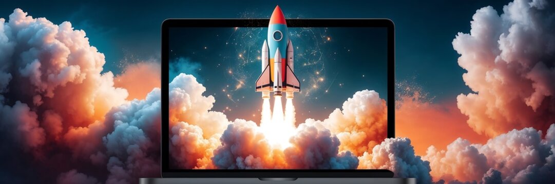 A vivid illustration of a rocket launching from a laptop screen amid dramatic clouds, symbolizing innovation and digital progress.