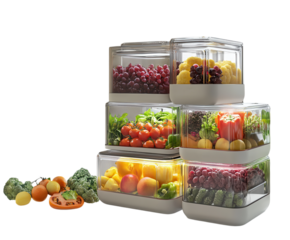 A sleek smart food storage container with modern features, pure flat white background. PNG transparent.