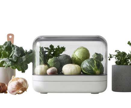 A sleek smart food storage container with modern features, pure flat white background. PNG transparent.