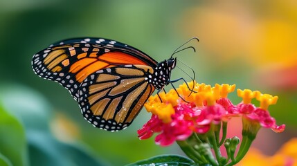 Obraz premium A monarch butterfly on vibrant flower, morning dew glistening softly.