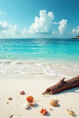 Obraz premium tranquil beach scene with shells and driftwood scattered on the pristine white sand, isolation, nature, shells