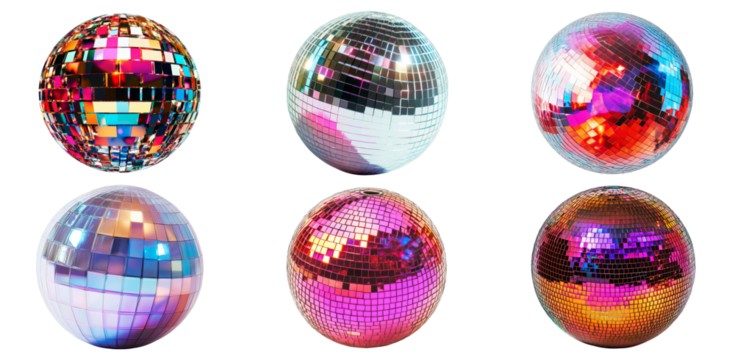 Set of Colorful disco balls with shimmering mirrors isolated on transparent background