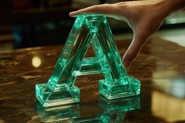 A hand gently rests on a translucent teal glass letter A, illuminating its intricate structure.