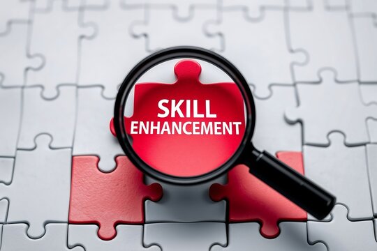 A magnifying glass highlights a red puzzle piece with the words 'Skill Enhancement', emphasizing focus and personal development.