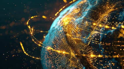 Futuristic Global Payment Network with Digital Nodes on a 3D Globe - Blue and Gold Design