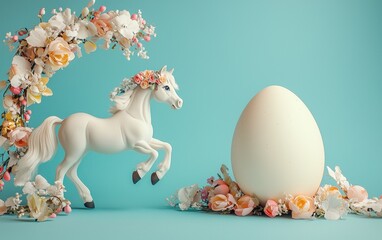 Happy pony with a floral wreath trotting near a giant egg on a pastel blue background Easter