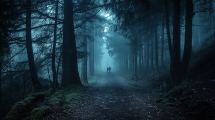 Fototapeta premium Mysterious forest path with shadowy figures shrouded in thick fog and an eerie, gloomy atmosphere