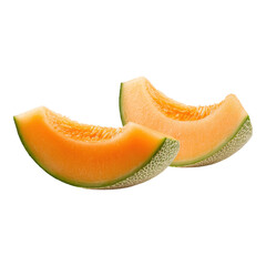 Juicy cantaloupe slices with vibrant orange flesh and textured skin, showcasing a fresh and appetizing appearance.