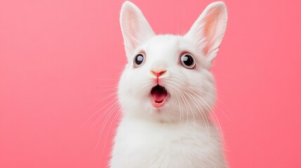 Obraz premium Adorable Surprised Bunny: A Charming Portrait of a White Rabbit with Big Eyes, Perfect for Children's Books, Easter Cards, and Cute Animal-Themed 