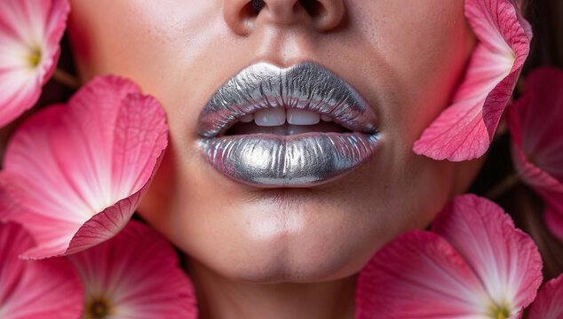 Close up of metallic silver lips surrounded by delicate pink flower petals