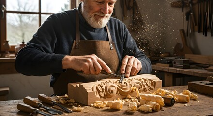 Senior caucasian man carving ornate wooden pattern in workshop. Craftsman working on decorative woodwork design. Traditional woodcarving artisan at studio workbench