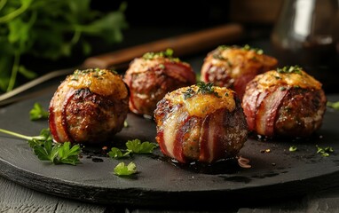 Levitating crispy bacon-wrapped meatballs with golden cheese St Patrick Day