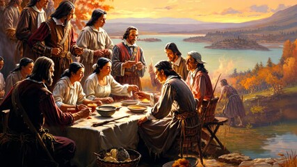 Pilgrims and Native Americans sharing a bountiful feast at sunset by the water, celebrating gratitude and unity during early colonial America in the 17th century