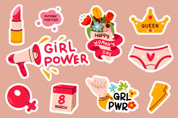 Collection of Women's day and girl power stickers with empowering quotes, crowns, and colorful symbols. Perfect for planners, notebooks, and social media posts.